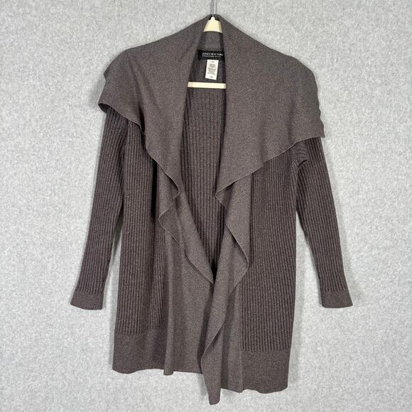 Jones New‎ York Cardigan Sweater Womens Brown Gray Medium Open Drape Ribbed Wrap - Picture 1 of 8
